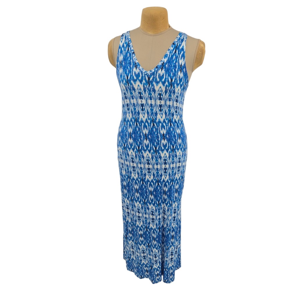 Dalia Collection Maxi Dress M Blue Ikat Sleeveless Stretch Casual Vacation Beach